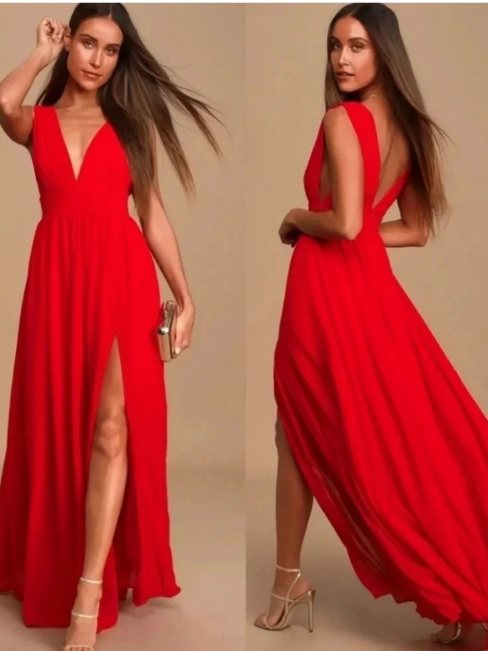 NWT Lulus Heavenly Hues Deep V Neck
Formal Maxi Dress in Red - Small